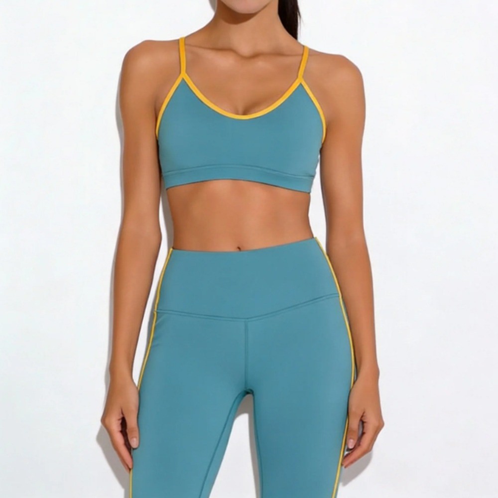 Teal Sports Bra with Gold Trim