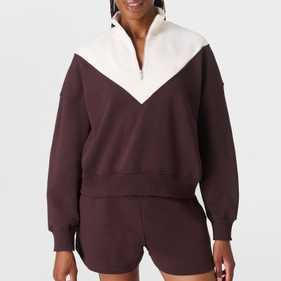 Custom Wholesale Burgundy Two-Tone Half-Zip Pullover Shorts Set Manufacturer | OEM Loungewear factory