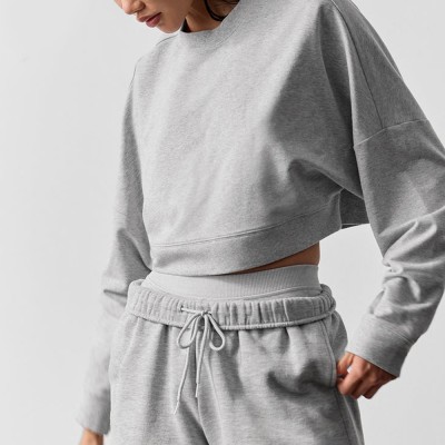 Custom Wholesale Light Grey Panel-Seam Cropped Hoodie Joggers Set Manufacturer | OEM Loungewear factory