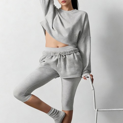 Custom Wholesale Light Grey Panel-Seam Cropped Hoodie Joggers Set Manufacturer | OEM Loungewear factory