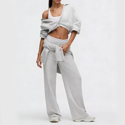 Custom Wholesale Light Grey Quarter-Zip Pullover Shorts Set Manufacturer | OEM Activewear factory
