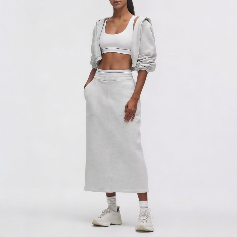 Custom Wholesale Light Grey Zip-Up Cropped Hoodie Skirt Set Manufacturer | OEM Fashion Loungewear factory