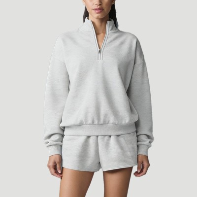 Custom Wholesale Light Grey Cropped Crew Sweatshirt Shorts Set Manufacturer | OEM Casual Loungewear factory