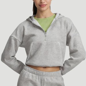 Custom Wholesale Grey Heather Half-Zip Cropped Hoodie Joggers Set Manufacturer | OEM Loungewear factory