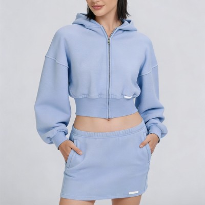 Custom Wholesale Powder Blue Full-Zip Cropped Hoodie Skirt Set Manufacturer | OEM Loungewear factory