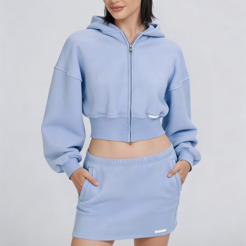 Custom Wholesale Powder Blue Full-Zip Cropped Hoodie Skirt Set Manufacturer | OEM Loungewear factory