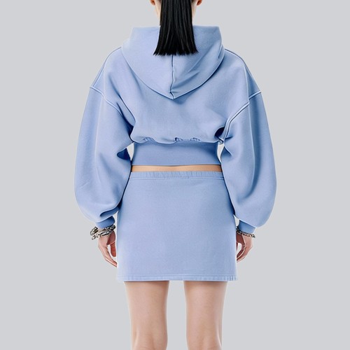 Custom Wholesale Powder Blue Full-Zip Cropped Hoodie Skirt Set Manufacturer | OEM Loungewear factory