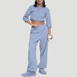 Custom Wholesale Powder Blue Cropped Jacket Wide-Leg Pants Set Manufacturer | OEM Loungewear factory