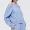 Custom Wholesale Sky Blue Cold-Shoulder Crop Sweatshirt Pants Set Manufacturer | OEM Loungewear factory