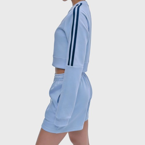 Custom Wholesale Powder Blue Striped-Sleeve Crop Sweatshirt Shorts Set Manufacturer | OEM Loungewear factory