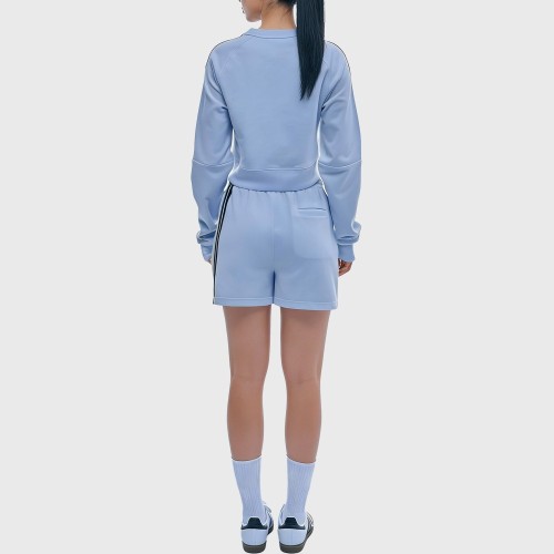 Custom Wholesale Powder Blue Striped-Sleeve Crop Sweatshirt Shorts Set Manufacturer | OEM Loungewear factory
