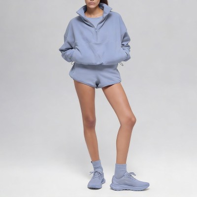 Custom Wholesale Dusty Blue Half-Zip Fleece Sweatshirt Shorts Set Manufacturer | OEM Hoodie factory