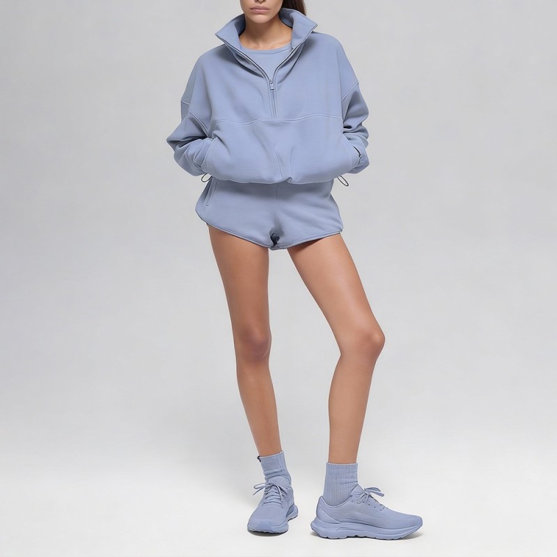 Custom Wholesale Dusty Blue Half-Zip Fleece Sweatshirt Shorts Set Manufacturer | OEM Hoodie factory
