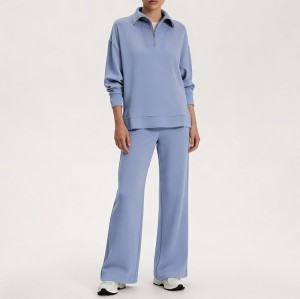 Custom Wholesale Periwinkle Collared Half-Zip Sweatshirt Wide-Leg Pants Set Manufacturer | OEM Loungewear factory