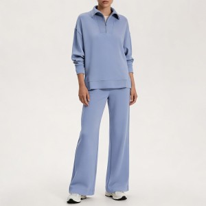 Custom Wholesale Periwinkle Collared Half-Zip Sweatshirt Wide-Leg Pants Set Manufacturer | OEM Loungewear factory