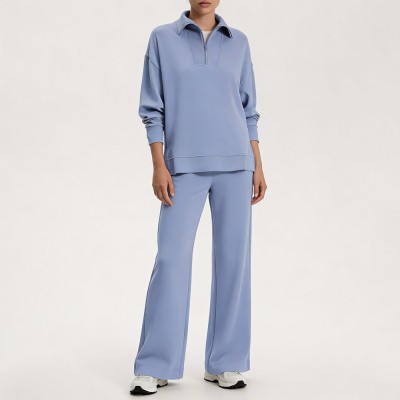 Custom Wholesale Periwinkle Collared Half-Zip Sweatshirt Wide-Leg Pants Set Manufacturer | OEM Loungewear factory