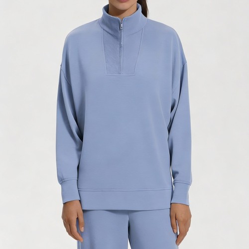 Custom Wholesale Periwinkle Collared Half-Zip Sweatshirt Wide-Leg Pants Set Manufacturer | OEM Loungewear factory