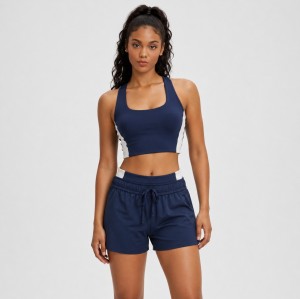 Custom Wholesale Navy Blue Color-Block Sports Bra Drawstring Shorts Set Manufacturer | OEM Yoga Activewear factory