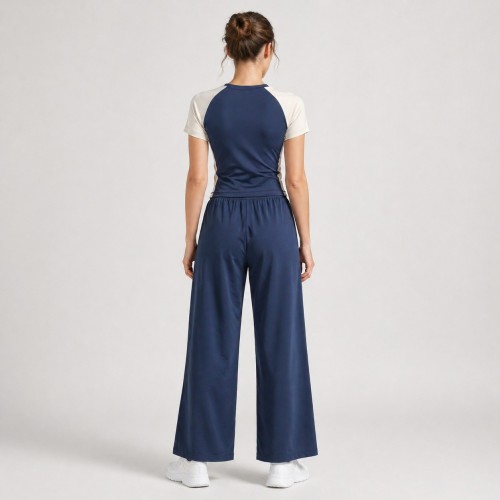 Custom Wholesale Navy Blue Raglan Crop Top Wide Leg Pants Set Manufacturer | OEM Loungewear Activewear factory