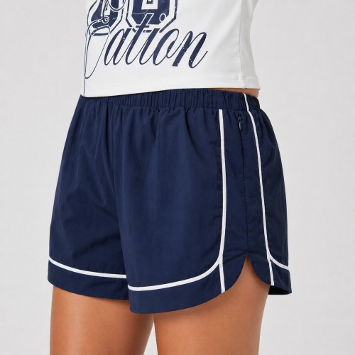 Custom Wholesale White Graphic Halter Top Navy Piped Shorts Set Manufacturer | OEM Printed Activewear factory