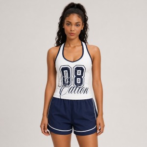 Custom Wholesale White Graphic Halter Top Navy Piped Shorts Set Manufacturer | OEM Printed Activewear factory