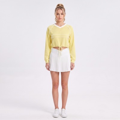 Custom Wholesale Pale Yellow V-Neck Crop Sweatshirt Pleated Skirt Set Manufacturer | OEM Loungewear factory