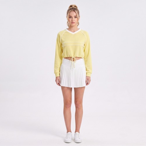 Custom Wholesale Pale Yellow V-Neck Crop Sweatshirt Pleated Skirt Set Manufacturer | OEM Loungewear factory