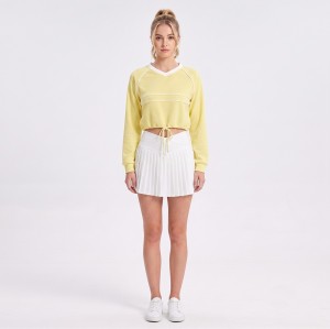 Custom Wholesale Pale Yellow V-Neck Crop Sweatshirt Pleated Skirt Set Manufacturer | OEM Loungewear factory