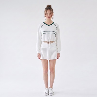 Custom Wholesale White Stripe Trim Crop Top Pleated Skirt Set Manufacturer | OEM Contrast Trim Loungewear factory
