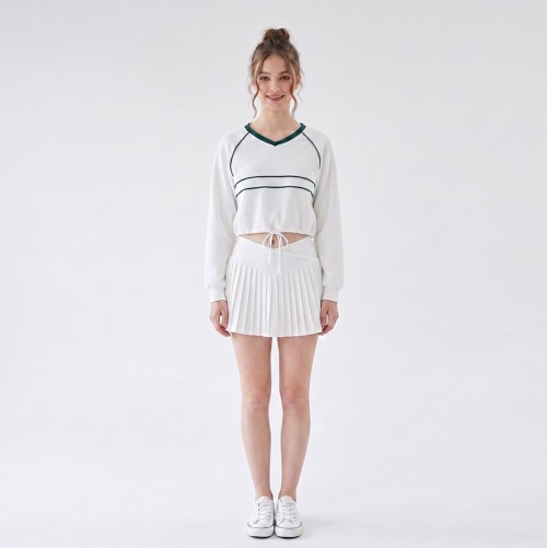 Custom Wholesale White Stripe Trim Crop Top Pleated Skirt Set Manufacturer | OEM Contrast Trim Loungewear factory