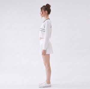Custom Wholesale White Stripe Trim Crop Top Pleated Skirt Set Manufacturer | OEM Contrast Trim Loungewear factory