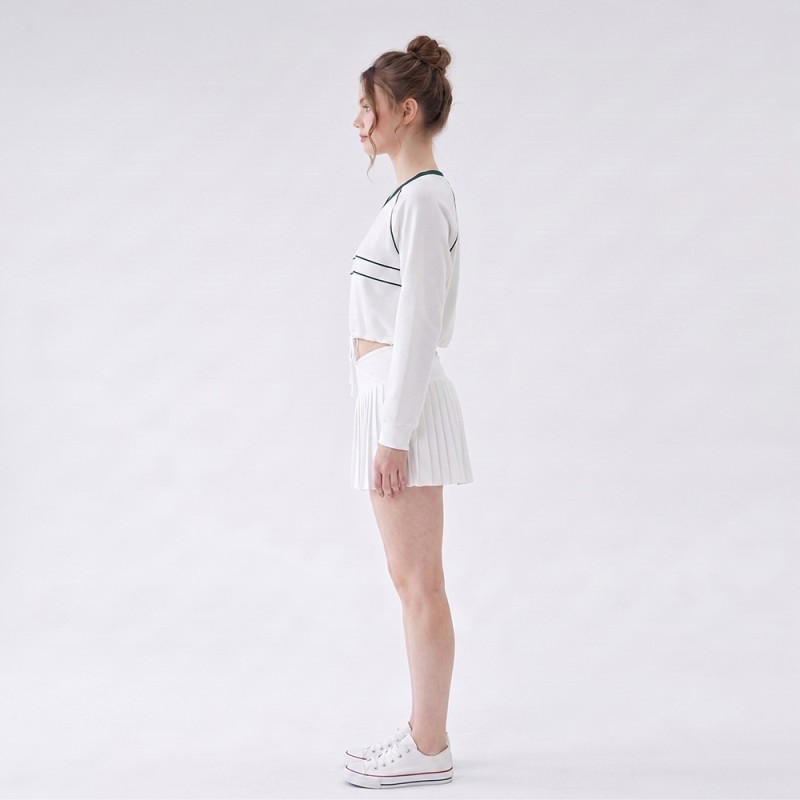 Custom Wholesale White Stripe Trim Crop Top Pleated Skirt Set Manufacturer | OEM Contrast Trim Loungewear factory