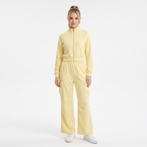 Custom Wholesale Pale Yellow Mock Neck Crop Jacket Cargo Pants Set Manufacturer | OEM Cargo Loungewear factory
