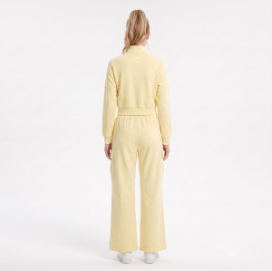 Custom Wholesale Pale Yellow Mock Neck Crop Jacket Cargo Pants Set Manufacturer | OEM Cargo Loungewear factory