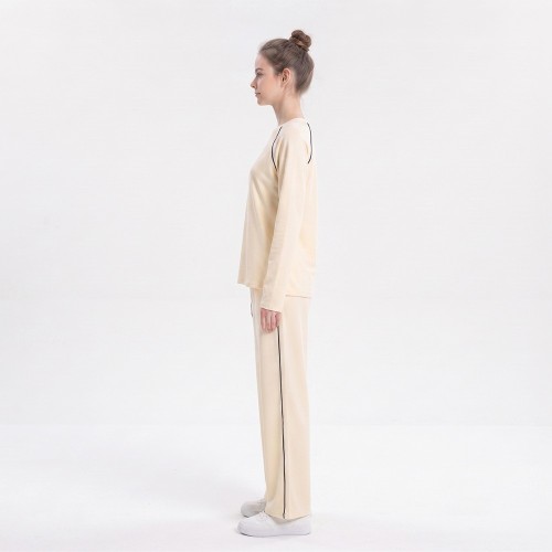Custom Wholesale Cream Raglan Sleeve Top Wide Leg Pants Set Manufacturer | OEM Loungewear factory