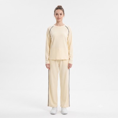 Custom Wholesale Cream Raglan Sleeve Top Wide Leg Pants Set Manufacturer | OEM Loungewear factory