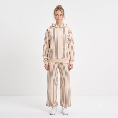 Custom Wholesale Cream Striped Hoodie Matching Pants Set Manufacturer | OEM Pinstripe Loungewear factory