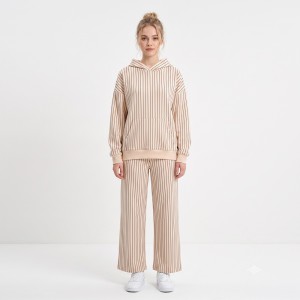 Custom Wholesale Cream Striped Hoodie Matching Pants Set Manufacturer | OEM Pinstripe Loungewear factory