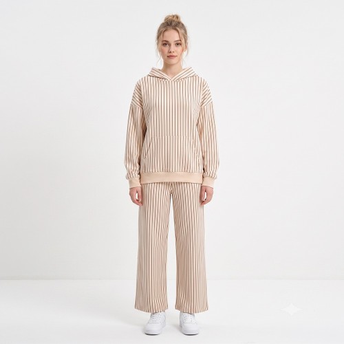 Custom Wholesale Cream Striped Hoodie Matching Pants Set Manufacturer | OEM Pinstripe Loungewear factory