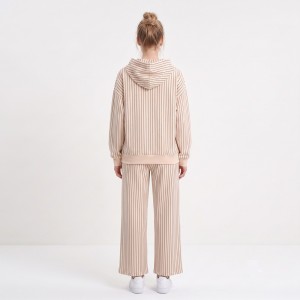 Custom Wholesale Cream Striped Hoodie Matching Pants Set Manufacturer | OEM Pinstripe Loungewear factory