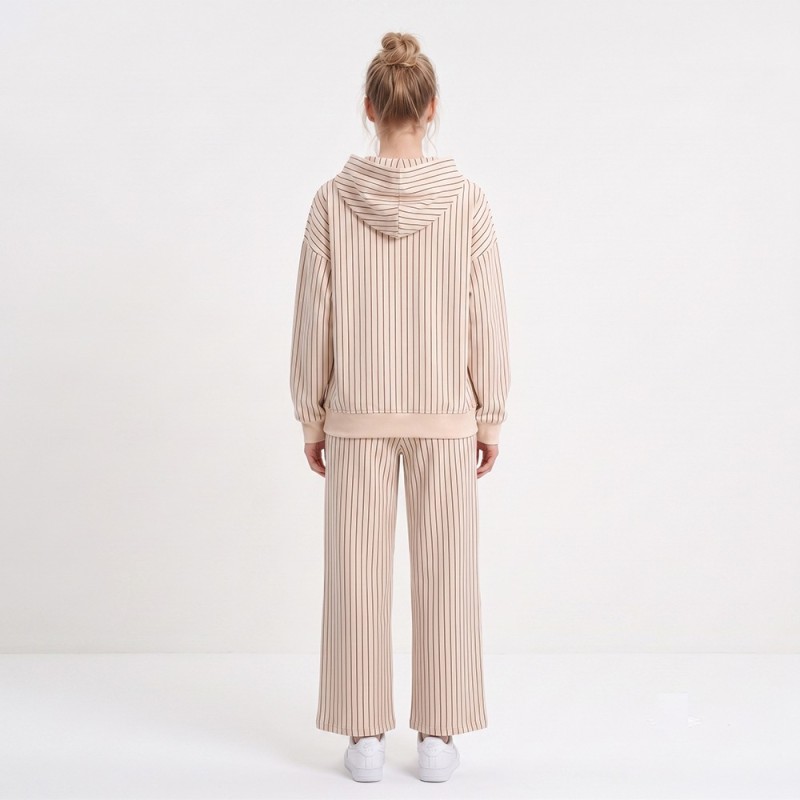 Custom Wholesale Cream Striped Hoodie Matching Pants Set Manufacturer | OEM Pinstripe Loungewear factory