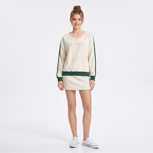 Custom Wholesale Cream V-Neck Sweatshirt Skirt Set Manufacturer | OEM Loungewear factory