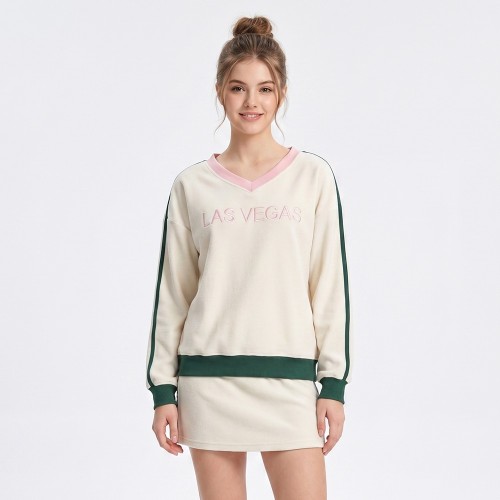 Custom Wholesale Cream V-Neck Sweatshirt Skirt Set Manufacturer | OEM Loungewear factory