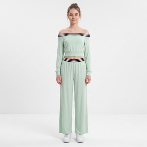 Custom Wholesale Mint Green Off Shoulder Crop Top Wide Leg Pants Set Manufacturer | OEM Activewear factory