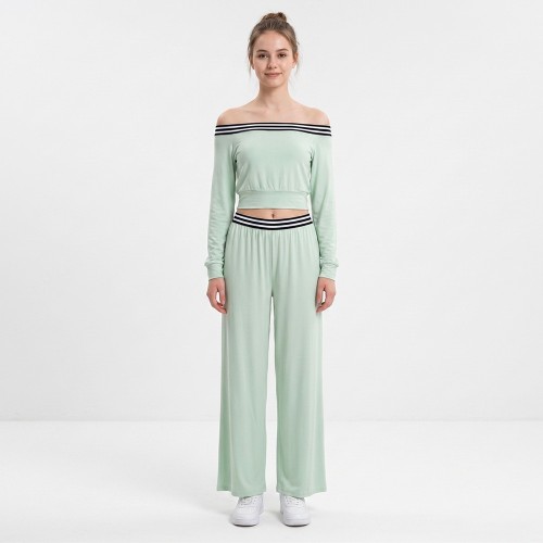 Custom Wholesale Mint Green Off Shoulder Crop Top Wide Leg Pants Set Manufacturer | OEM Activewear factory