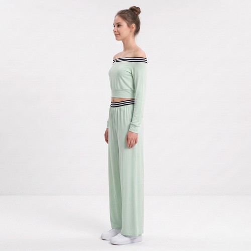 Custom Wholesale Mint Green Off Shoulder Crop Top Wide Leg Pants Set Manufacturer | OEM Activewear factory