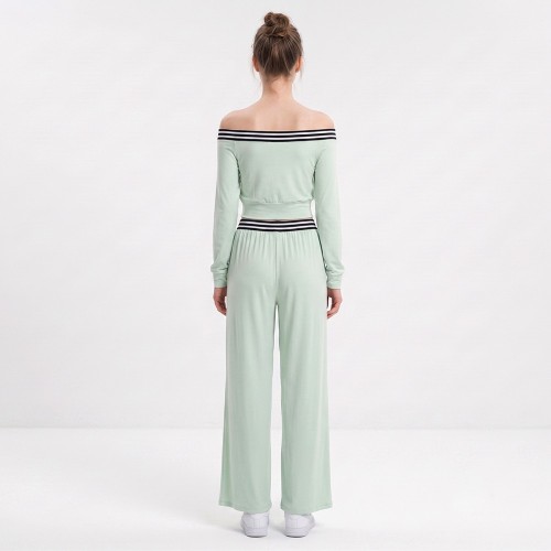 Custom Wholesale Mint Green Off Shoulder Crop Top Wide Leg Pants Set Manufacturer | OEM Activewear factory
