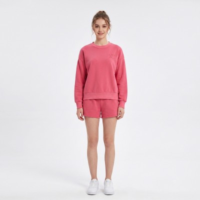 Custom Wholesale Coral Red Crewneck Sweatshirt Shorts Set Manufacturer | OEM Sweatsuit factory