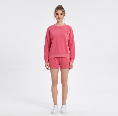 Custom Wholesale Coral Red Crewneck Sweatshirt Shorts Set Manufacturer | OEM Sweatsuit factory