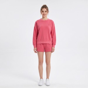 Custom Wholesale Coral Red Crewneck Sweatshirt Shorts Set Manufacturer | OEM Sweatsuit factory